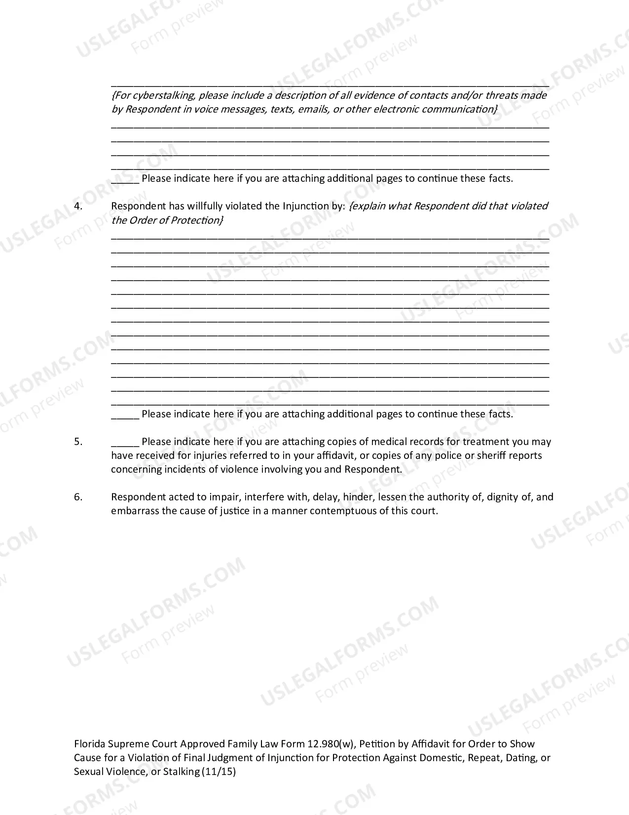Preview Petition by Affidavit for Order to Show Cause for a Violation of Final Judgment of Injunction for Protection against Domestic Violence, Repeat Violence, Dating Violence, or Sexual Violence, or Stalking