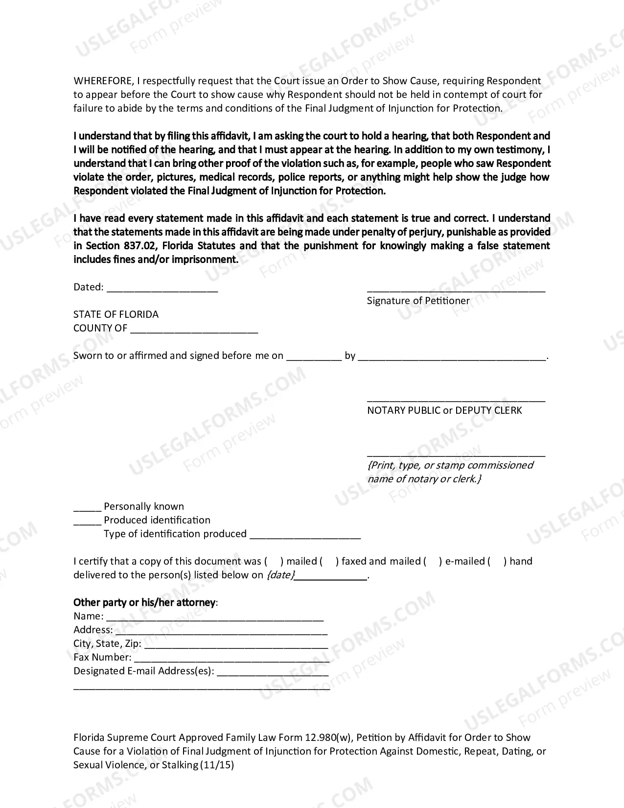 Preview Petition by Affidavit for Order to Show Cause for a Violation of Final Judgment of Injunction for Protection against Domestic Violence, Repeat Violence, Dating Violence, or Sexual Violence, or Stalking