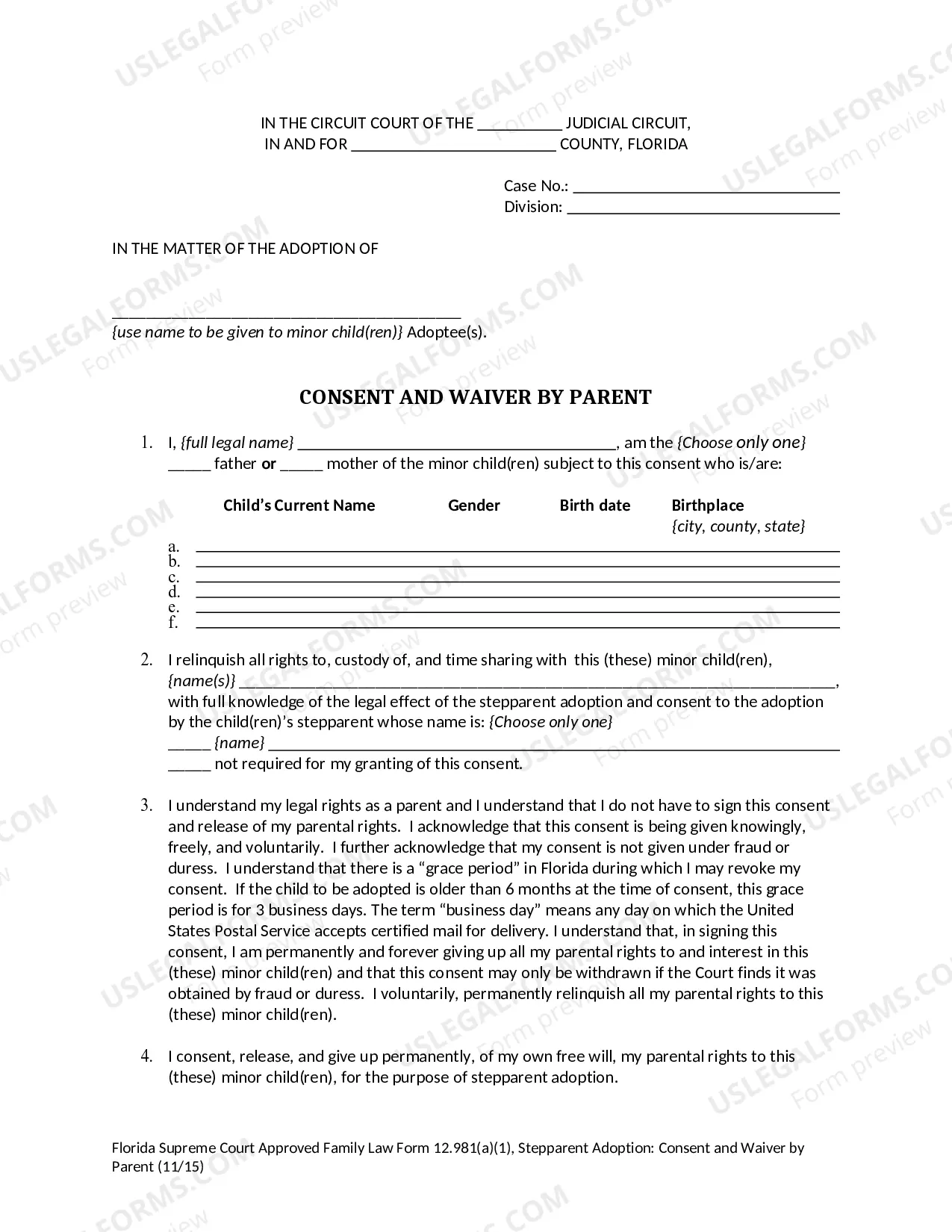 Preview Stepparent Adoption - Consent and Waiver by Parent