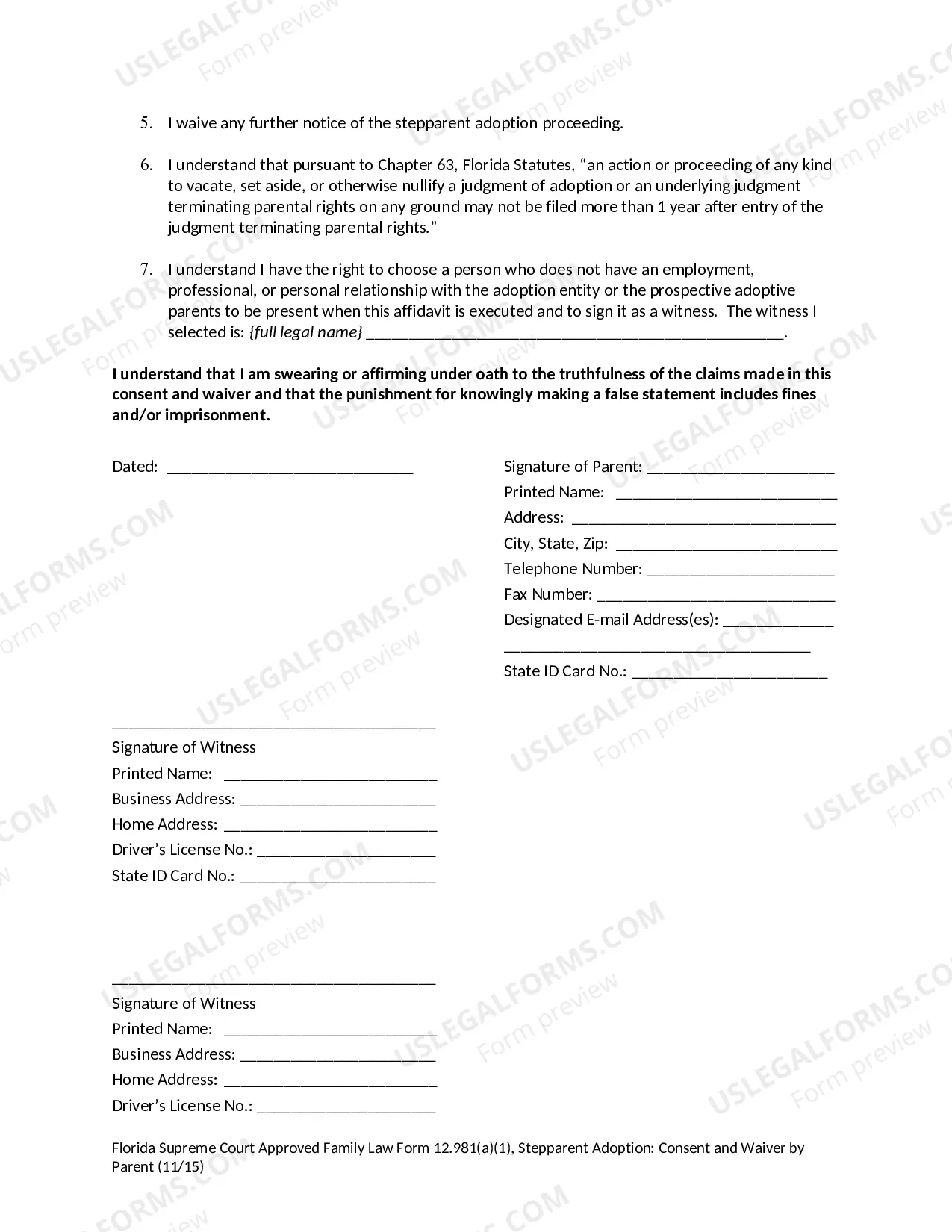 Preview Stepparent Adoption - Consent and Waiver by Parent