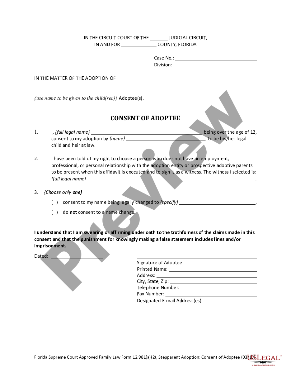 page 1 Stepparent Adoption - Consent of Adoptee preview