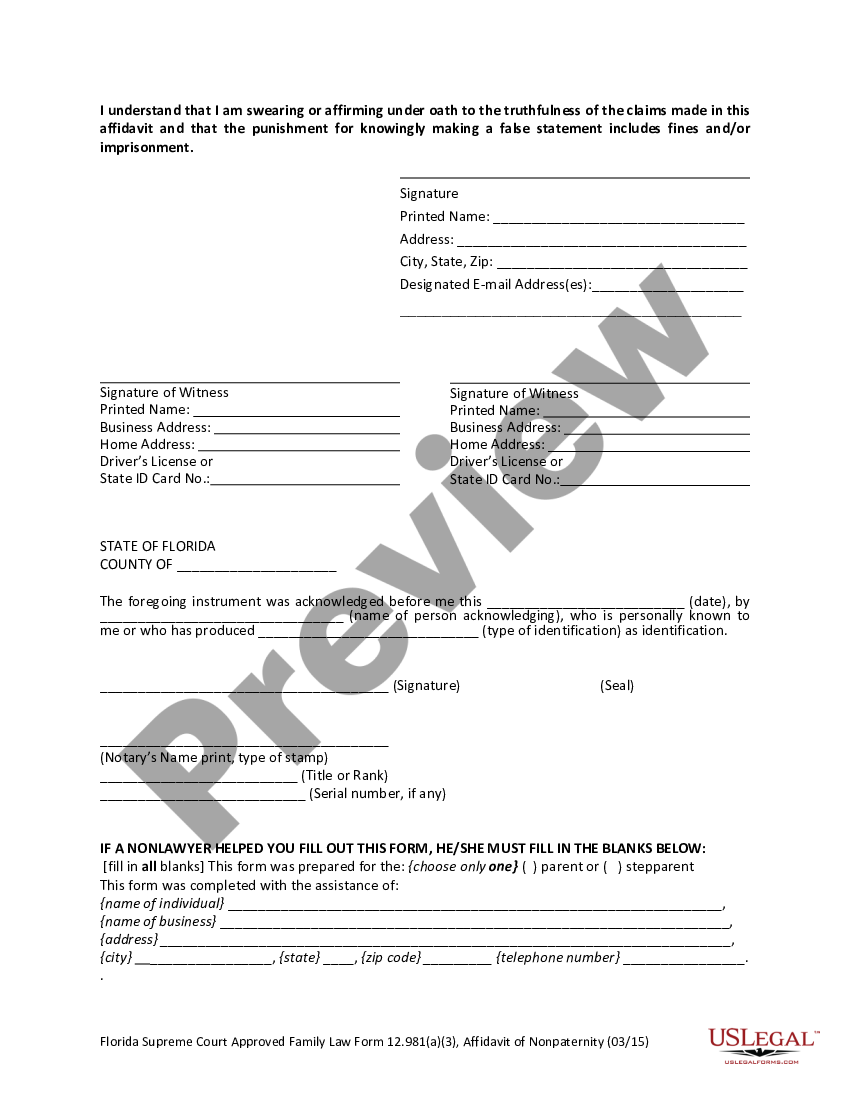 Affidavit Of Non Paternity Florida Withholding Us Legal Forms 6333