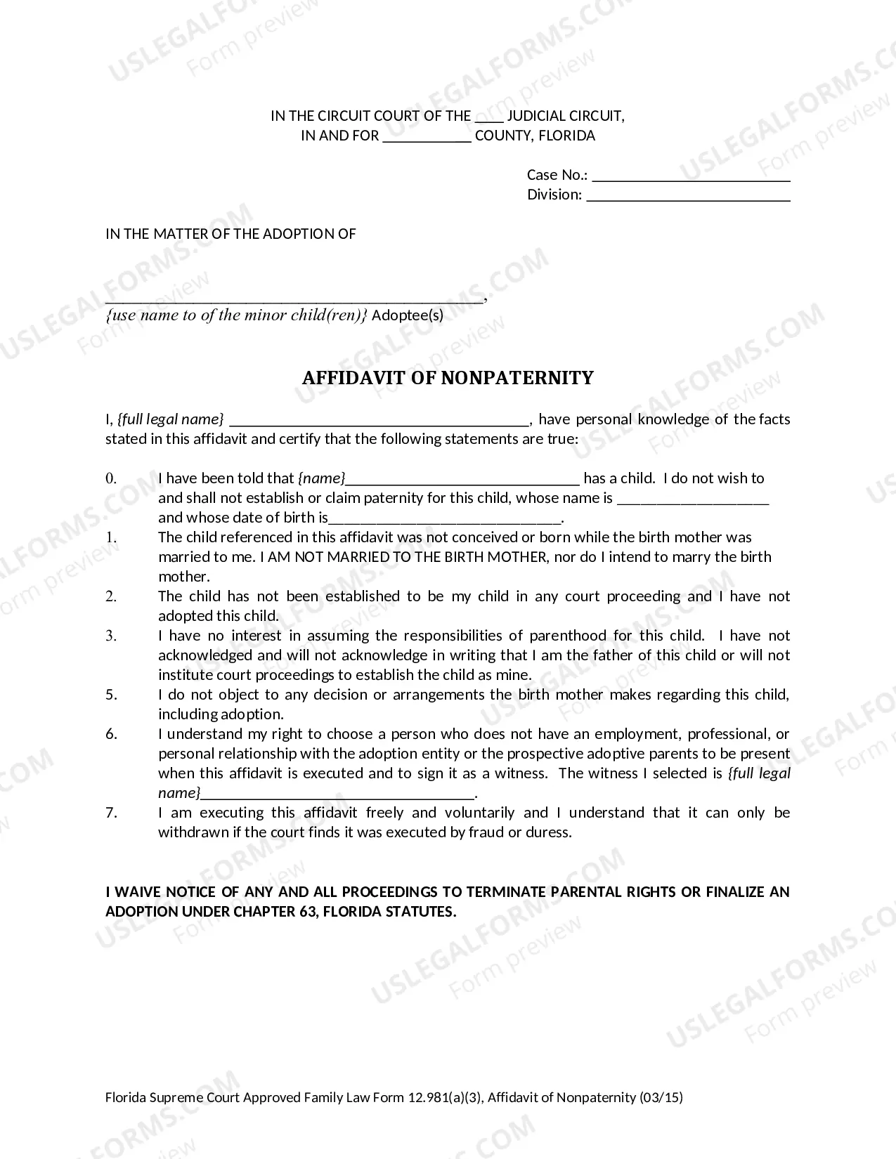 Preview Affidavit of Nonpaternity