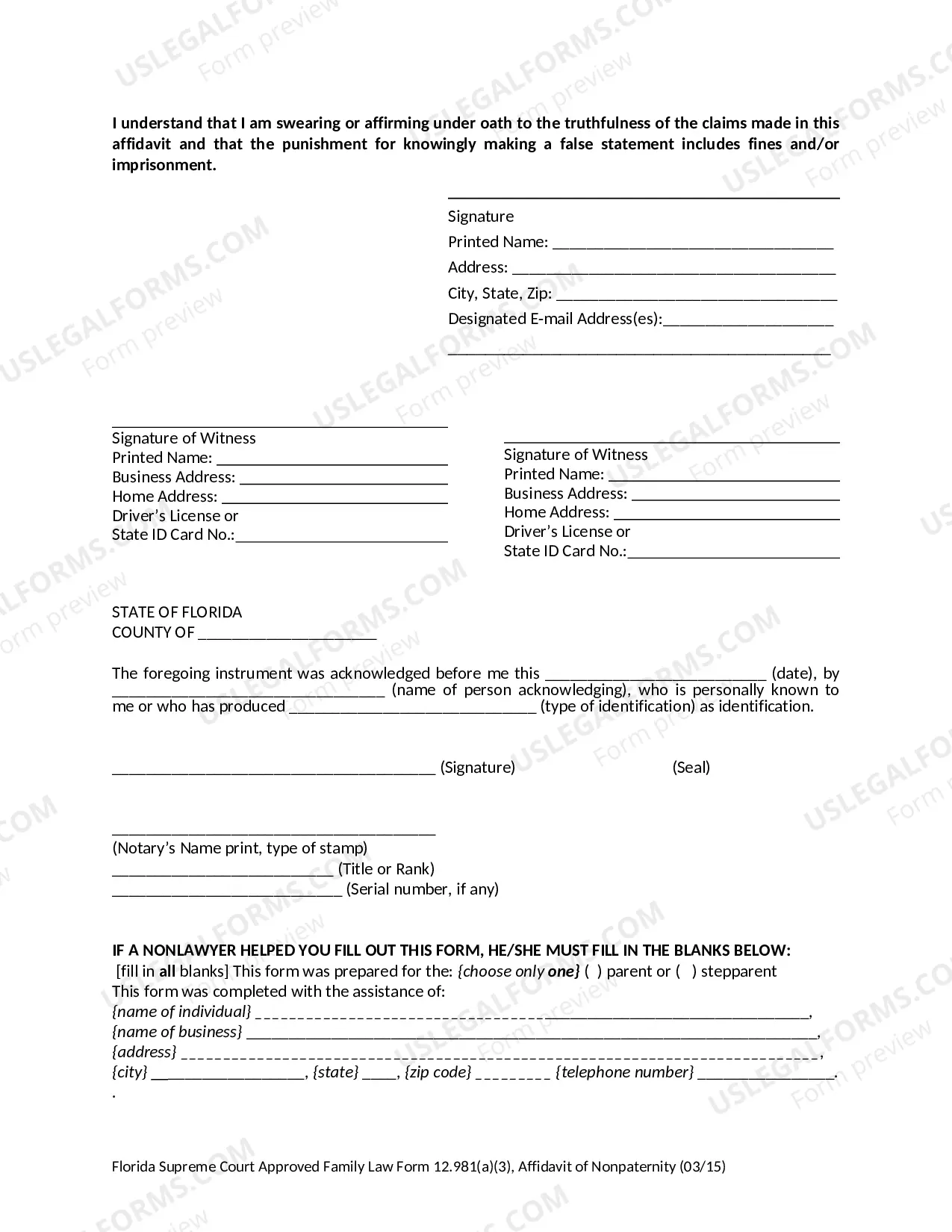 Preview Affidavit of Nonpaternity