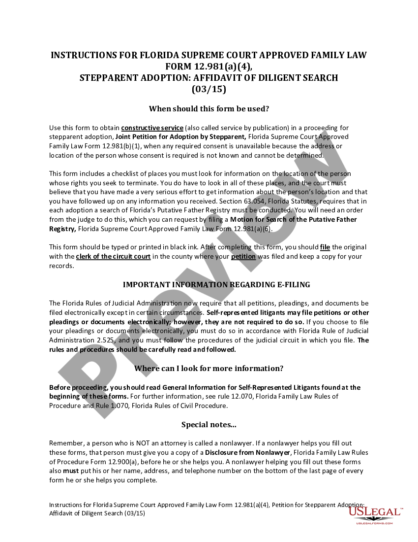 Fort Lauderdale Florida Stepparent Adoption - Affidavit of Diligent ...