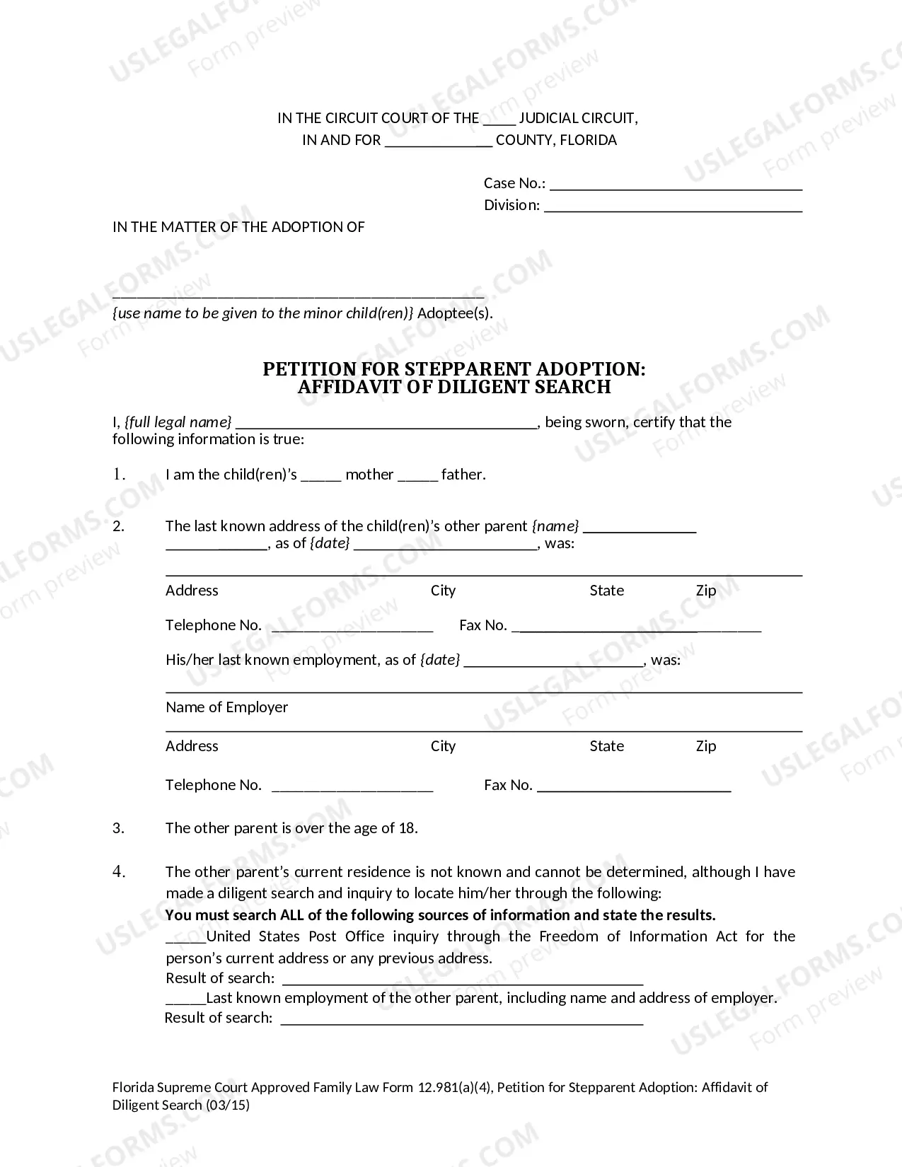 Preview Stepparent Adoption - Affidavit of Diligent Search
