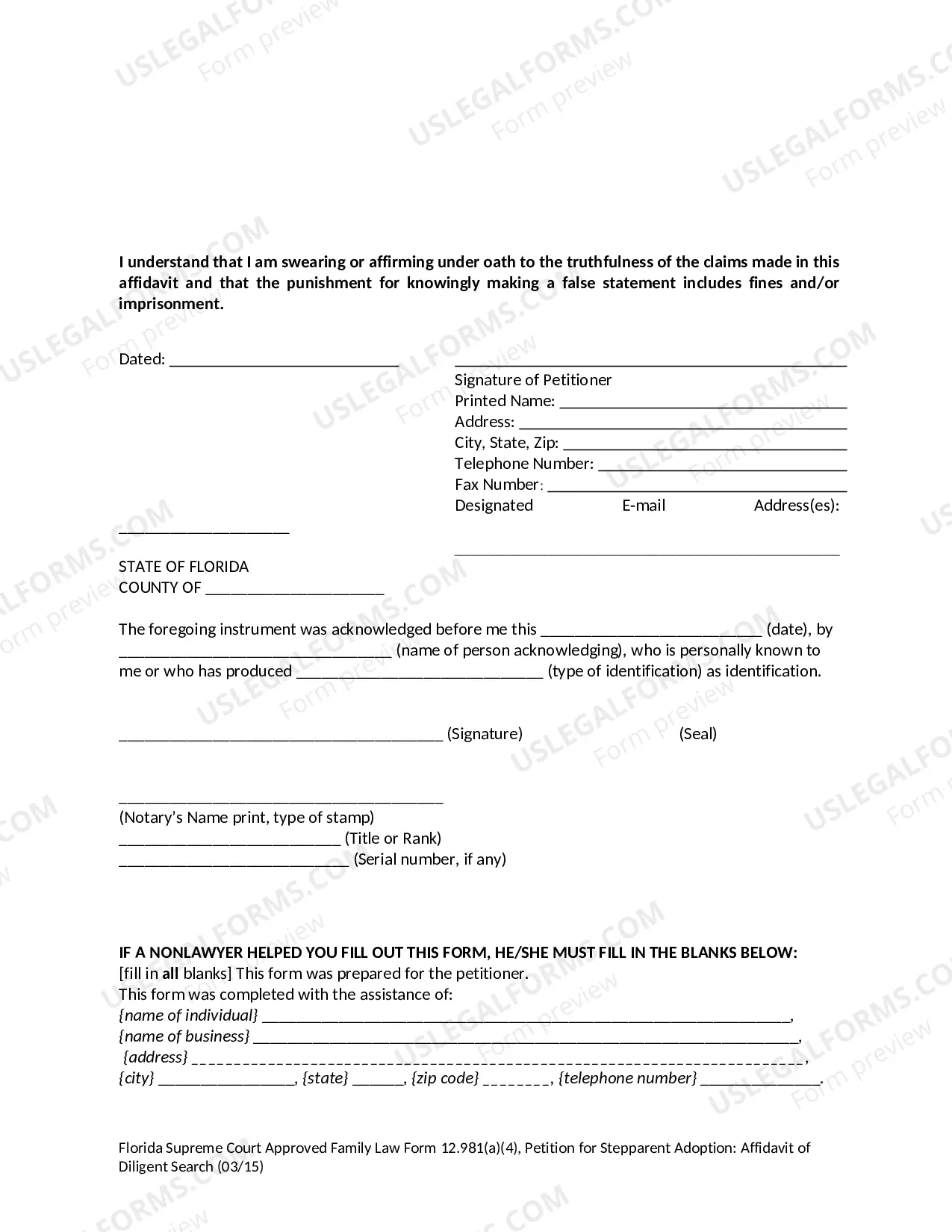 Preview Stepparent Adoption - Affidavit of Diligent Search