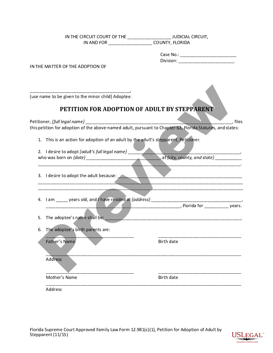 form Petition for Adoption of Adult by Stepparent preview