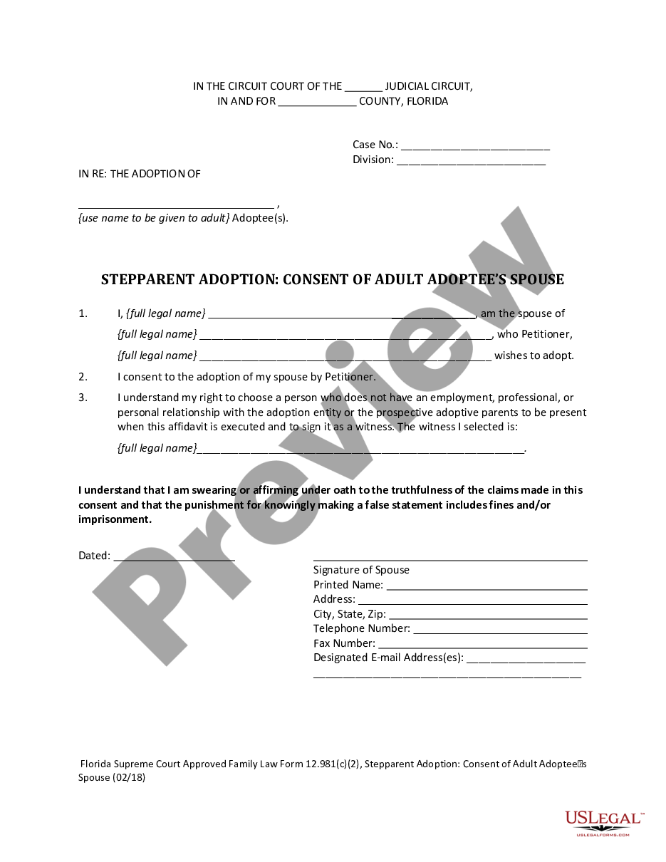page 1 Stepparent Adoption - Consent of Adult Adoptee's Spouse preview