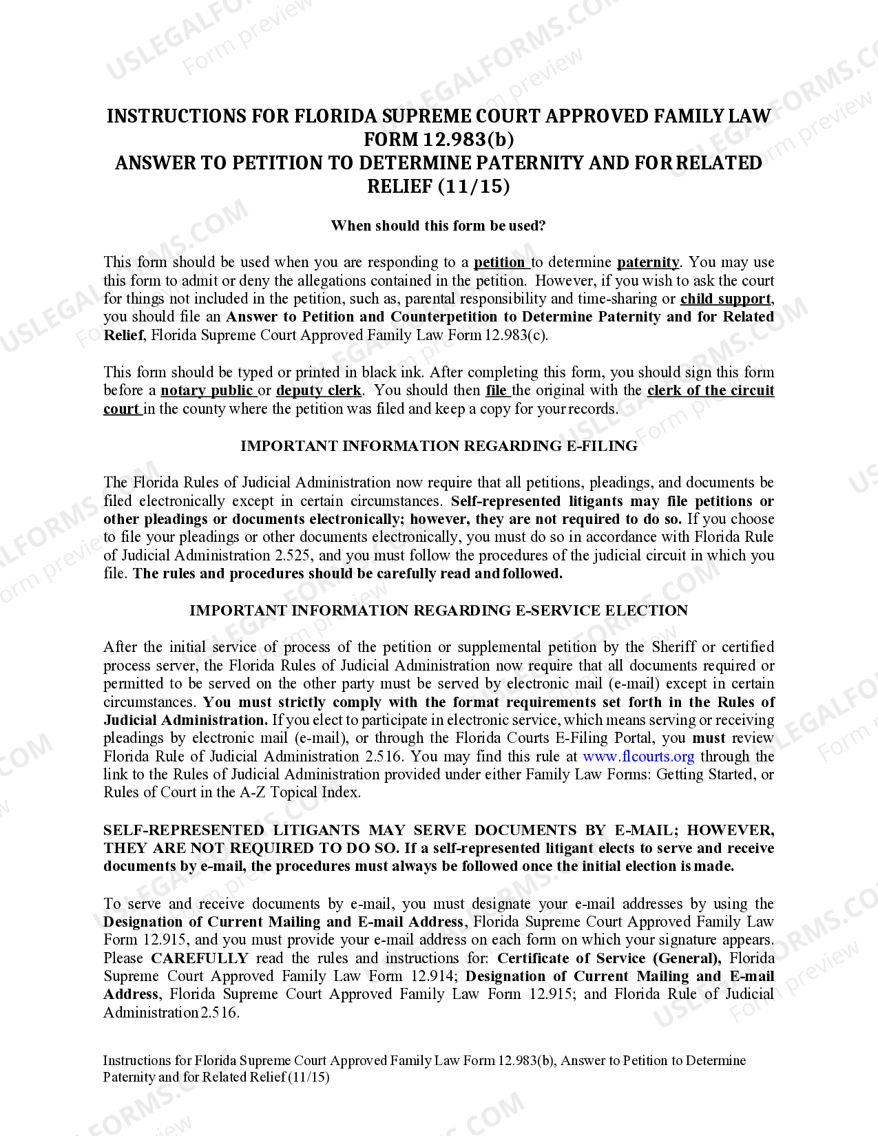 Florida Answer to Petition to Determine Paternity and for Related