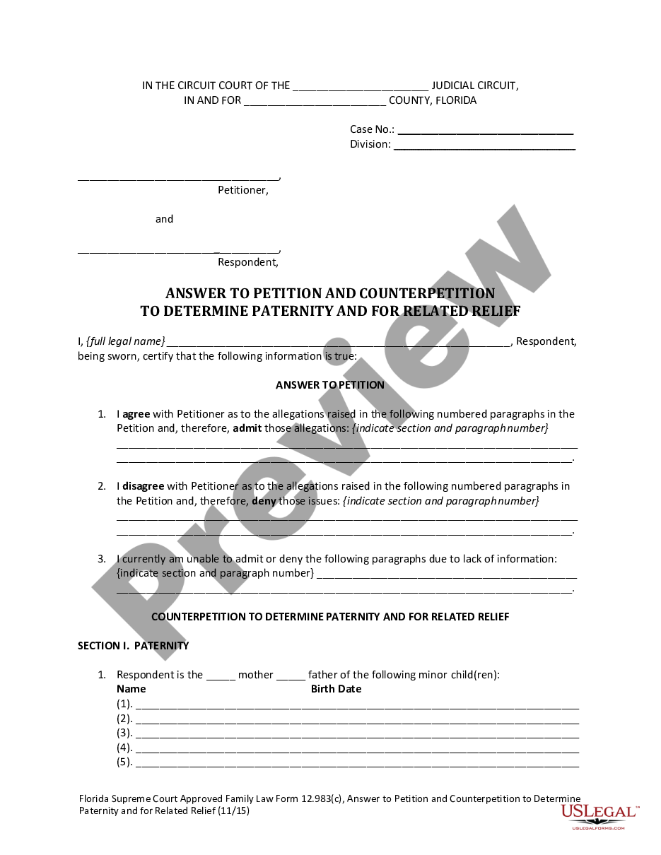 form Answer to Petition and Counterpetition to Determine Paternity and for Related Relief preview