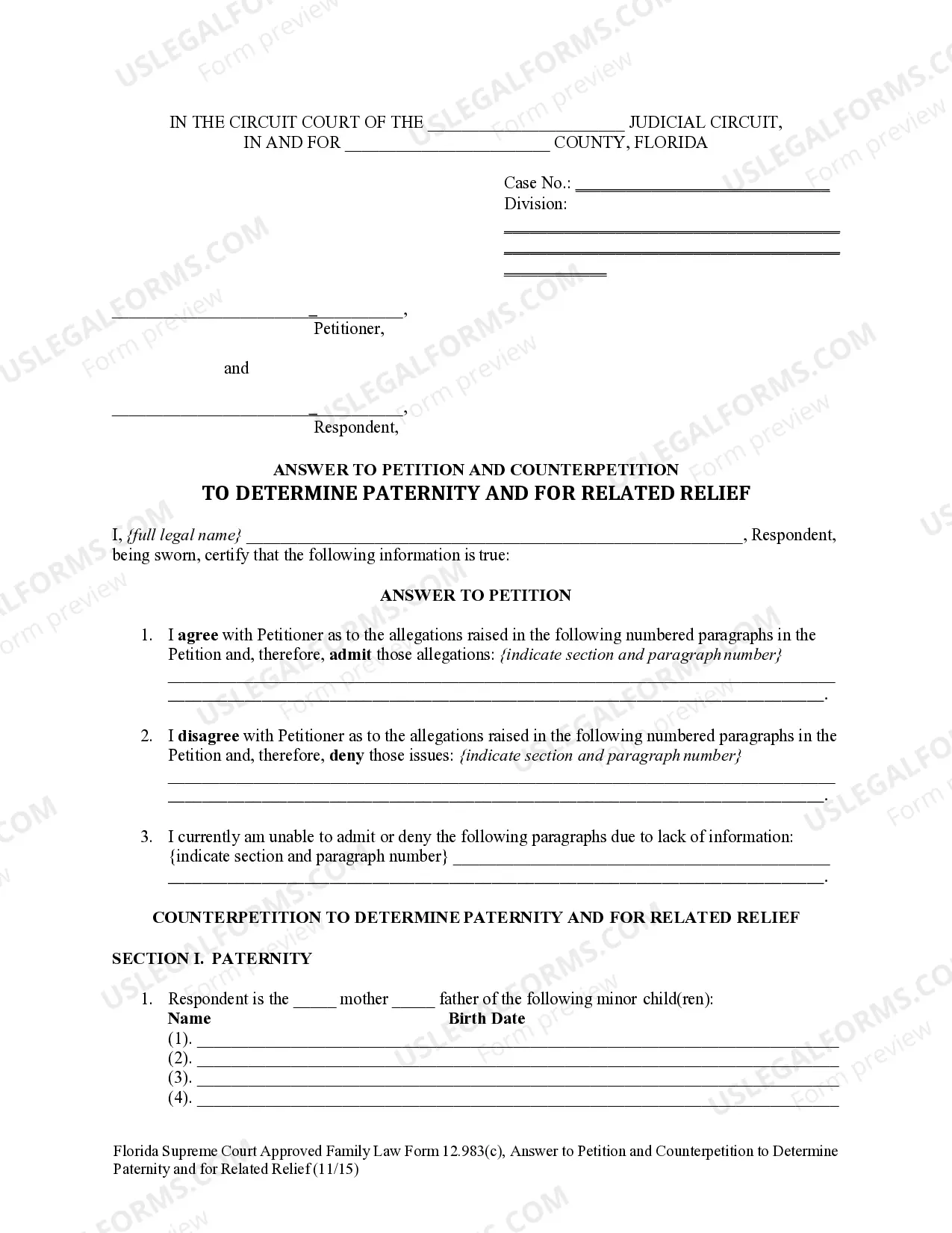 Preview Answer to Petition and Counterpetition to Determine Paternity and for Related Relief