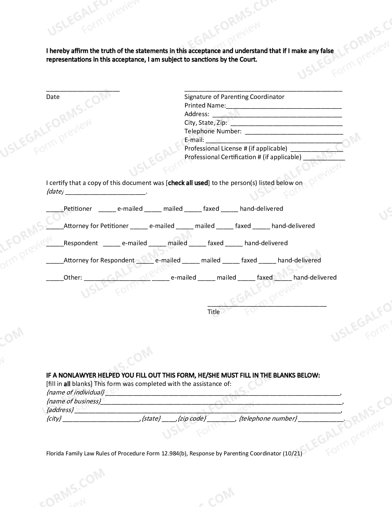 Preview Response by Parenting Coordinator