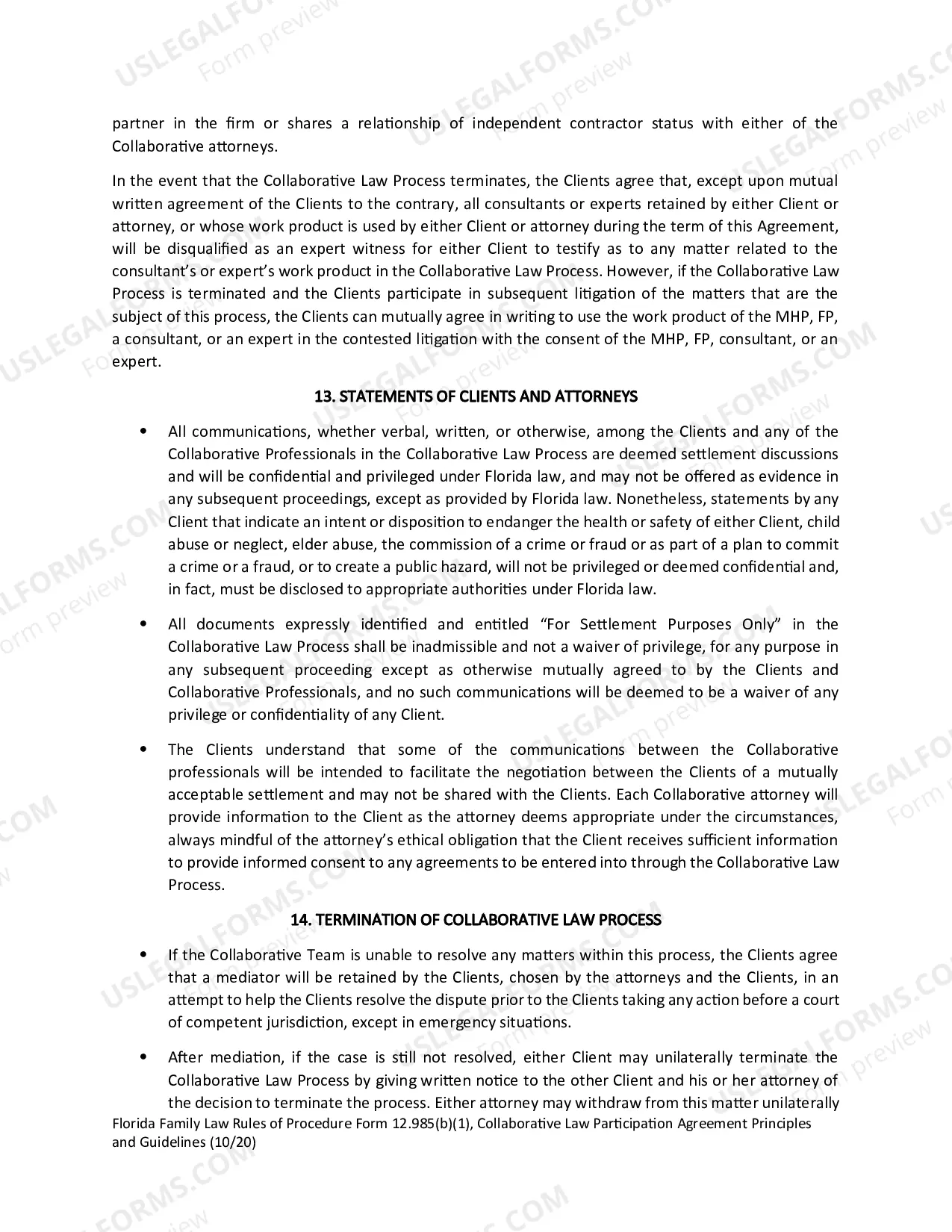 Preview Collaborative Law Participation Agreement Principles and Guidelines