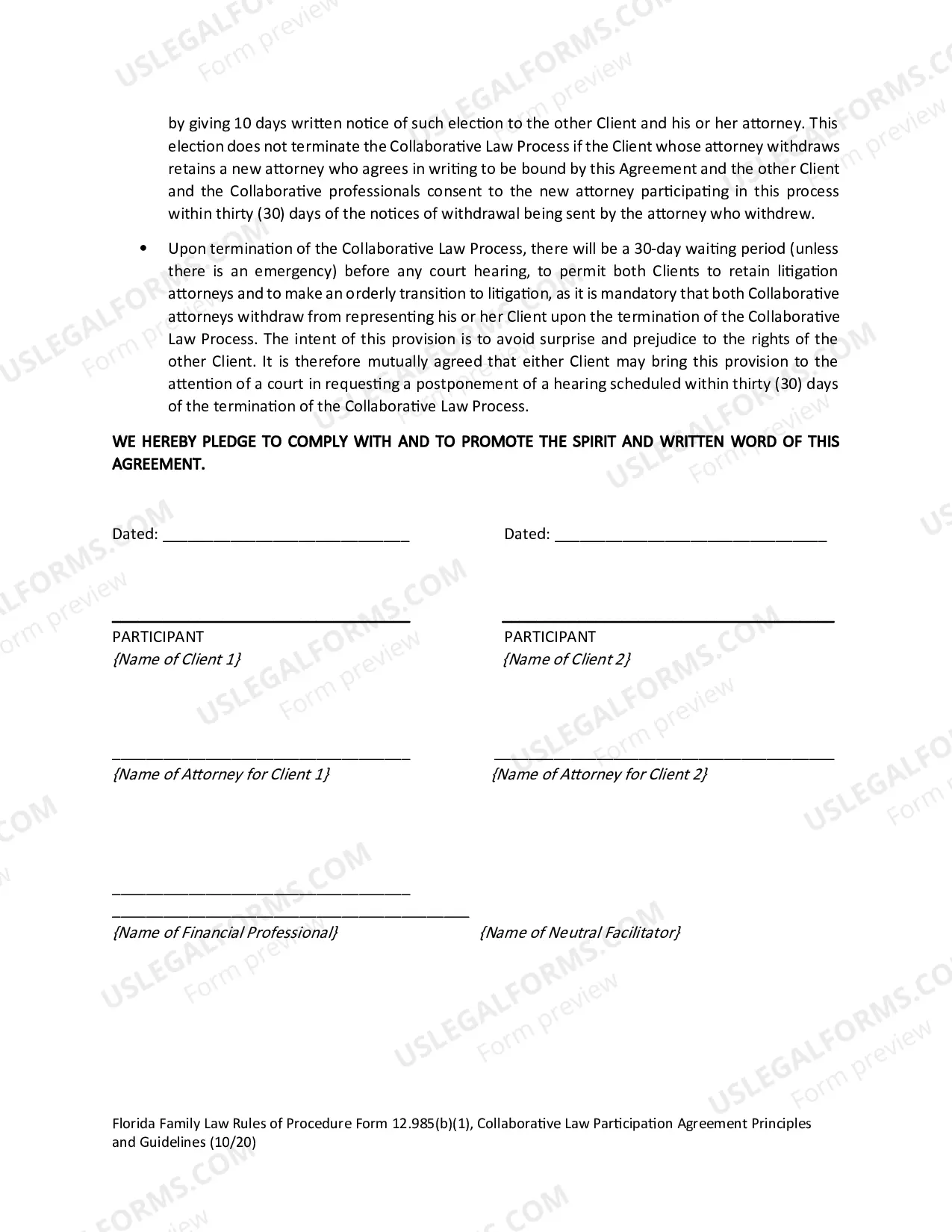Preview Collaborative Law Participation Agreement Principles and Guidelines