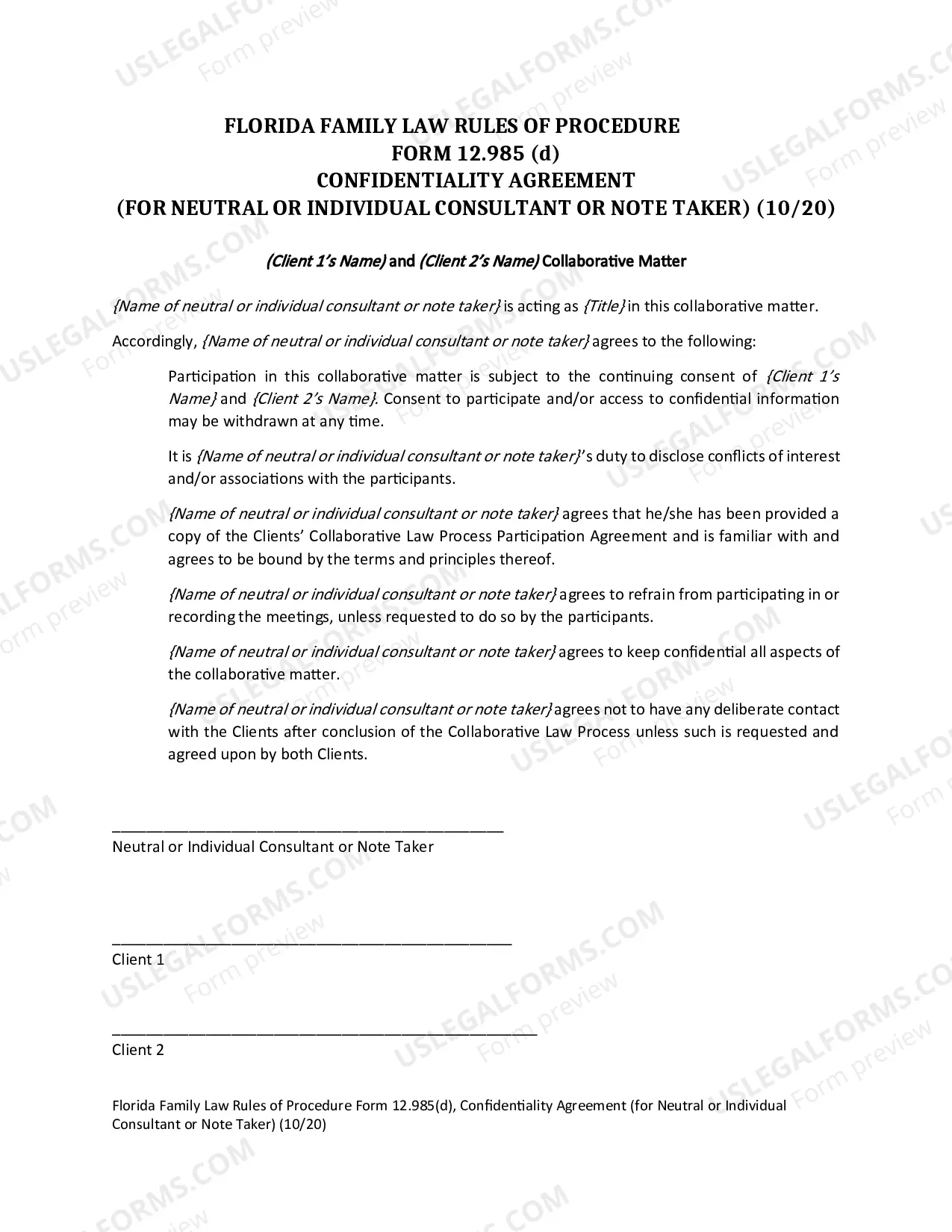 Preview Confidentiality Agreement - For Neutral or Individual Consultation or Note Taker