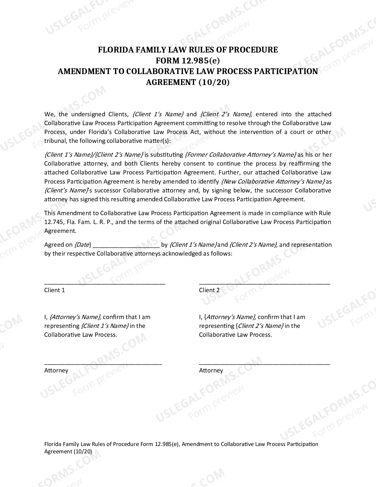 Preview Amendment to Collaborative Law Process Participation Agreement