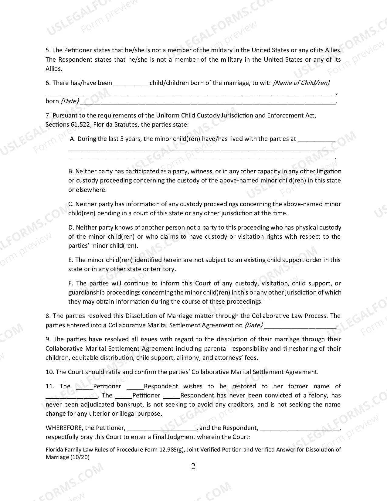 Preview Joint Verified Petition and Verified Answer for Dissolution of Marriage