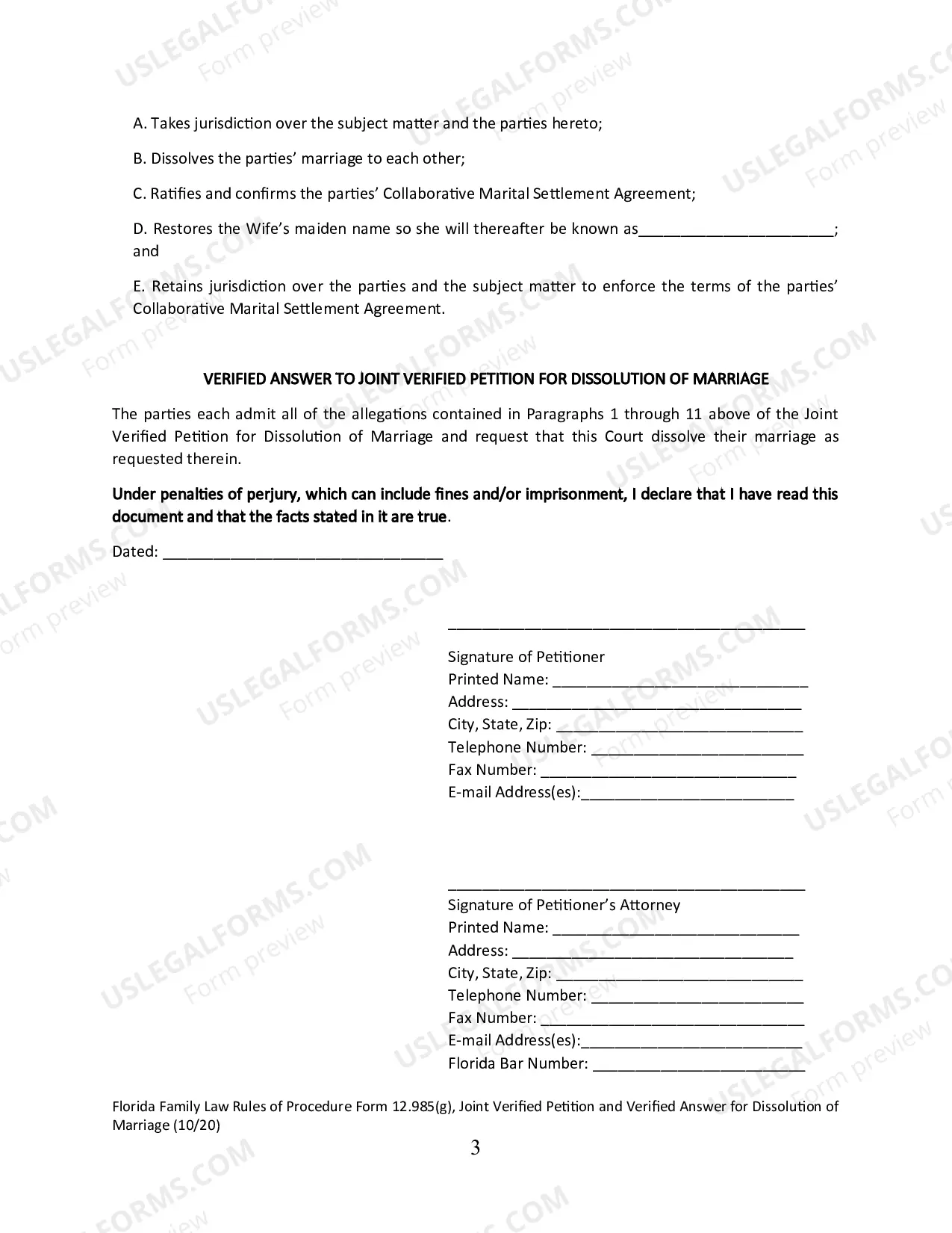 Preview Joint Verified Petition and Verified Answer for Dissolution of Marriage
