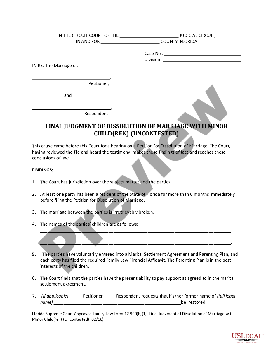 page 0 Final Judgment of Dissolution of Marriage with Dependent or Minor Children - Uncontested preview
