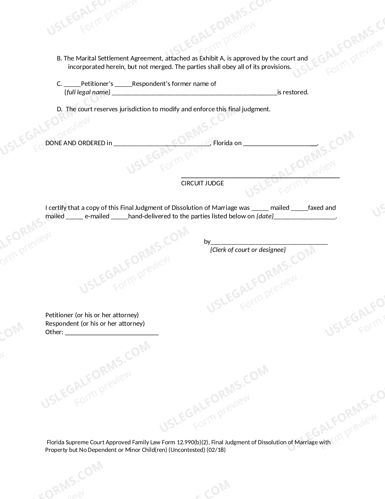 Preview Final Judgment of Dissolution of Marriage with Property but No Dependent or Minor Children - Uncontested