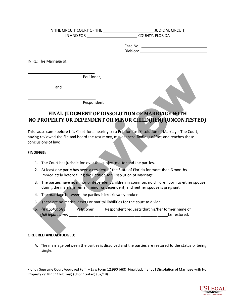 page 0 Final Judgment of Dissolution of Marriage with No Property or Dependent or Minor Children - Uncontested preview