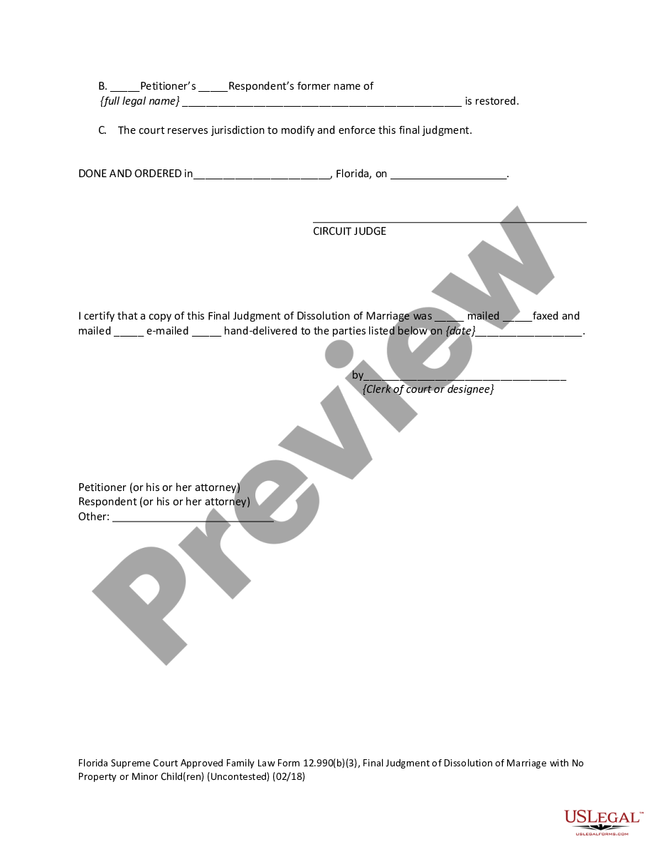 page 1 Final Judgment of Dissolution of Marriage with No Property or Dependent or Minor Children - Uncontested preview