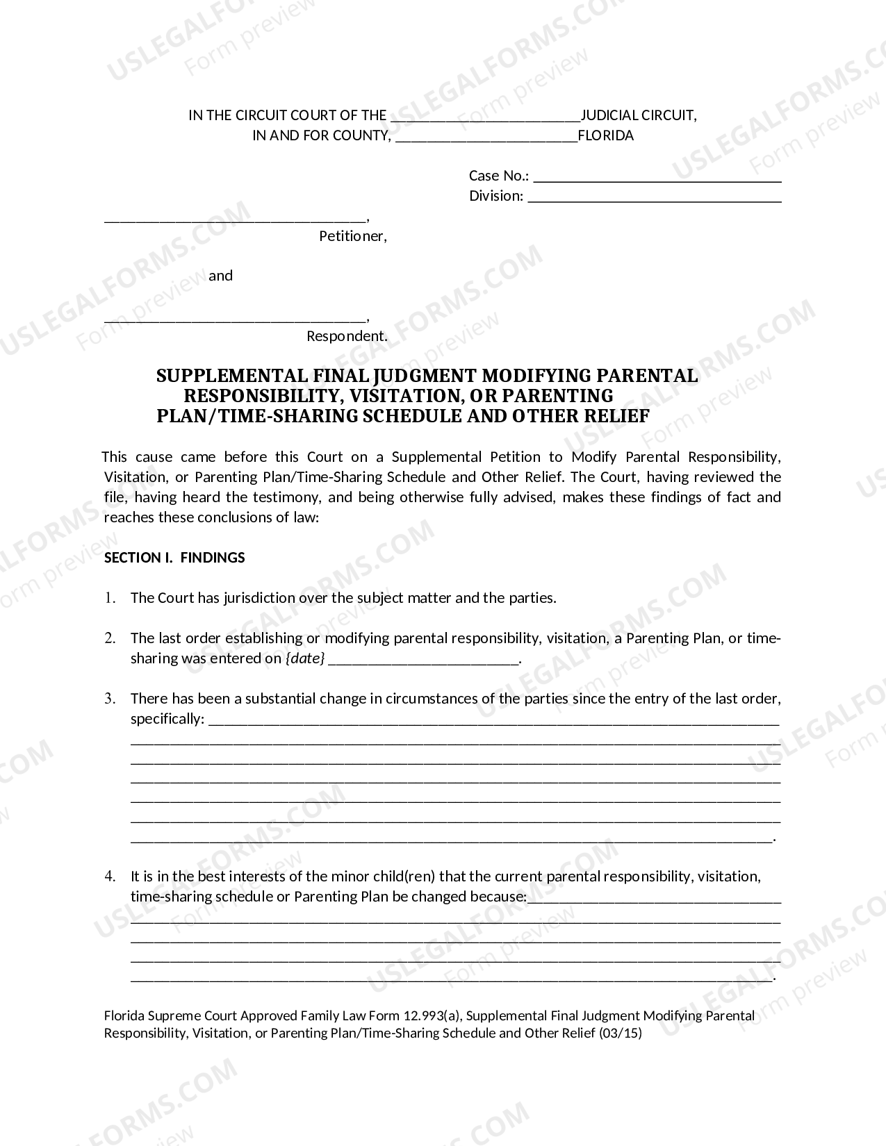 Florida Supplemental Final Judgment of Modification of Parental