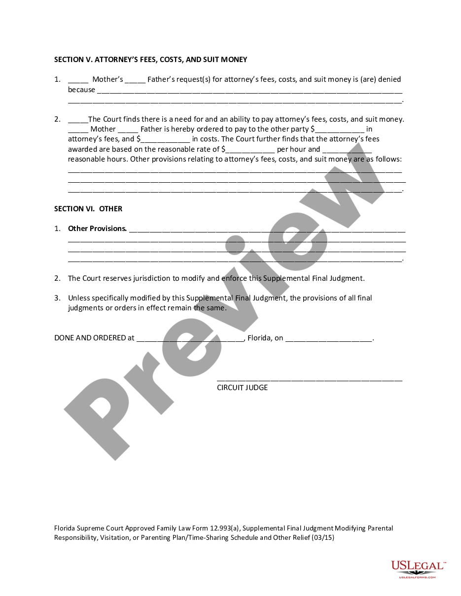 form Supplemental Final Judgment of Modification of Parental Responsibility - Visitation preview