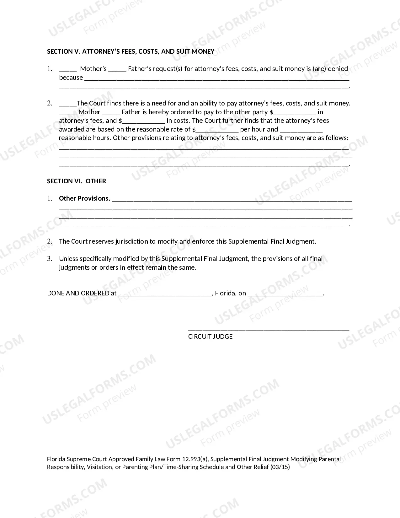 Preview Supplemental Final Judgment of Modification of Parental Responsibility - Visitation