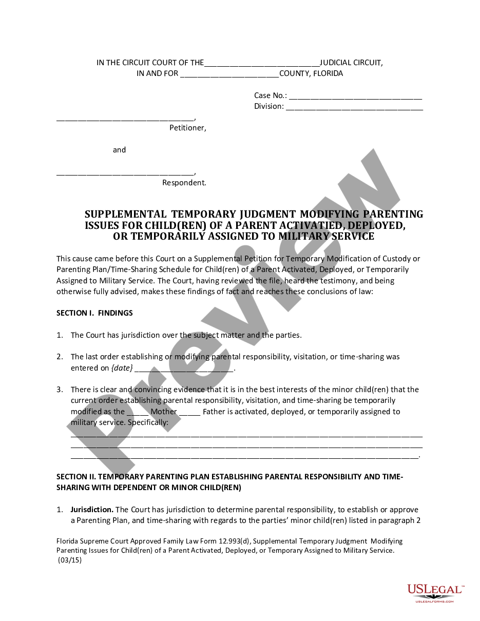 page 0 Supplemental Temporary Judgment Modifying Parenting Issues for Child(ren) of A Parent Activated, Deployed, or Temporarily Assigned to Military Service preview