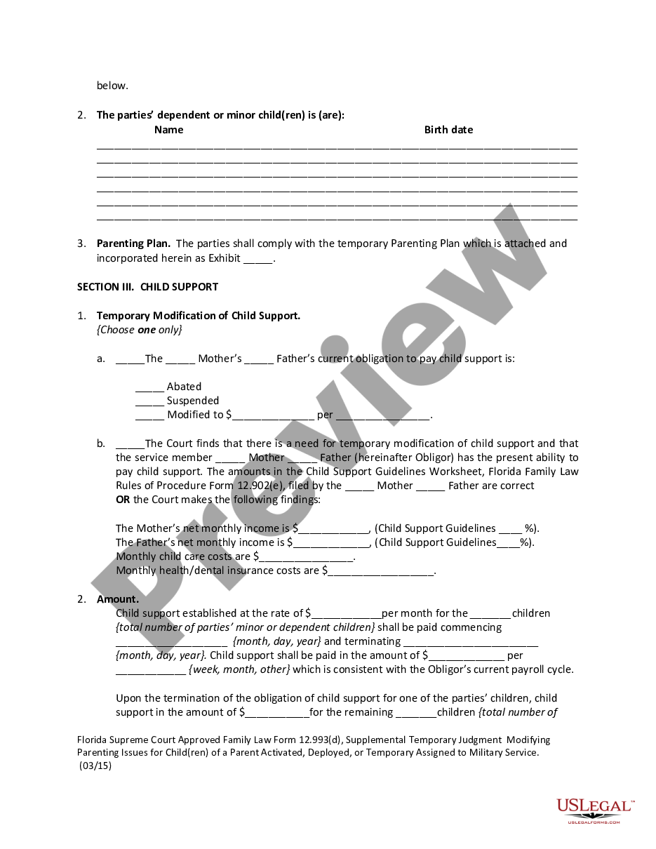 page 1 Supplemental Temporary Judgment Modifying Parenting Issues for Child(ren) of A Parent Activated, Deployed, or Temporarily Assigned to Military Service preview