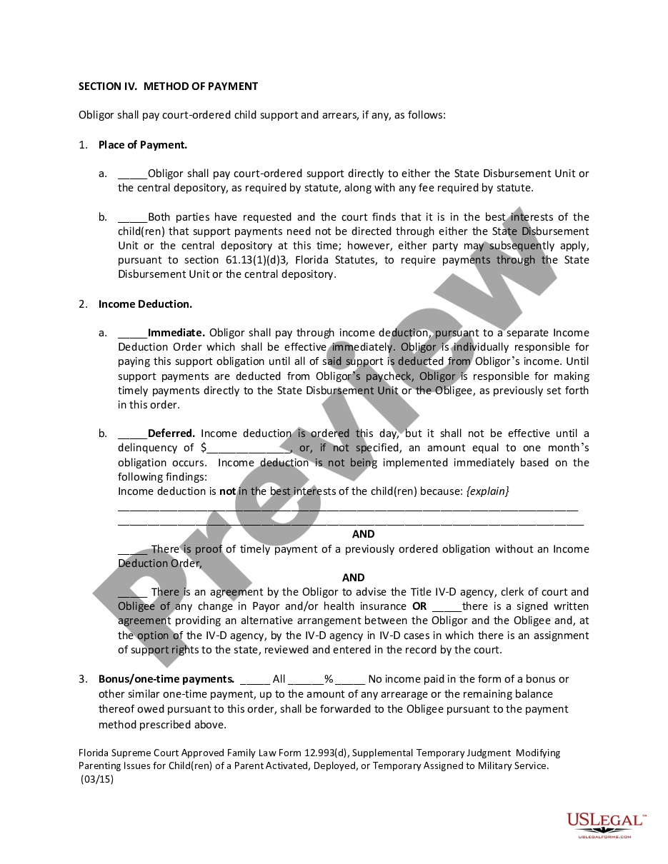 page 4 Supplemental Temporary Judgment Modifying Parenting Issues for Child(ren) of A Parent Activated, Deployed, or Temporarily Assigned to Military Service preview