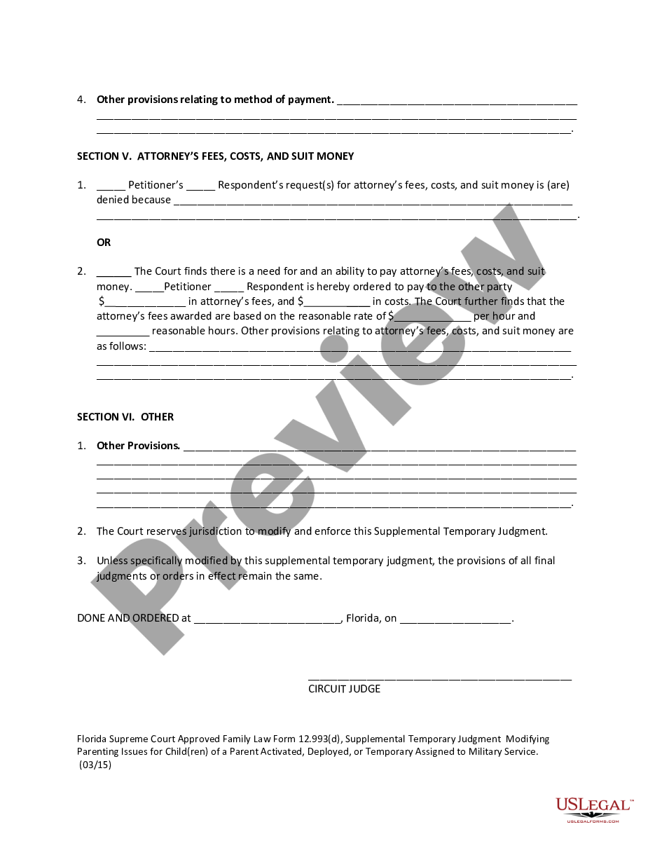 page 5 Supplemental Temporary Judgment Modifying Parenting Issues for Child(ren) of A Parent Activated, Deployed, or Temporarily Assigned to Military Service preview