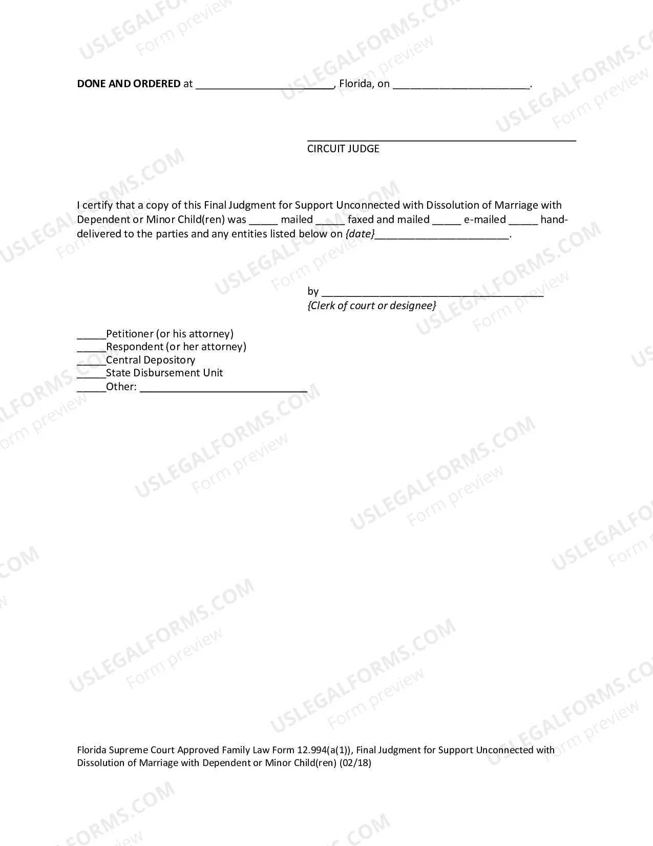 Preview Final Judgment for Support Unconnected with Dissolution of Marriage with Dependent or Minor Children