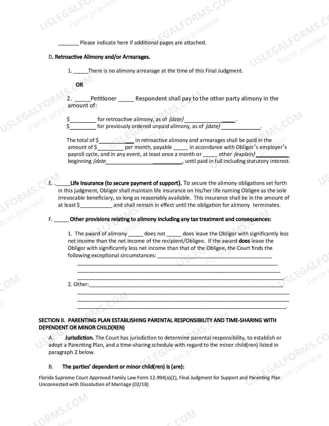 Preview Final Judgment for Support and Parenting Plan Unconnected with Dissolution of Marriage with Dependent or Minor Child(ren)