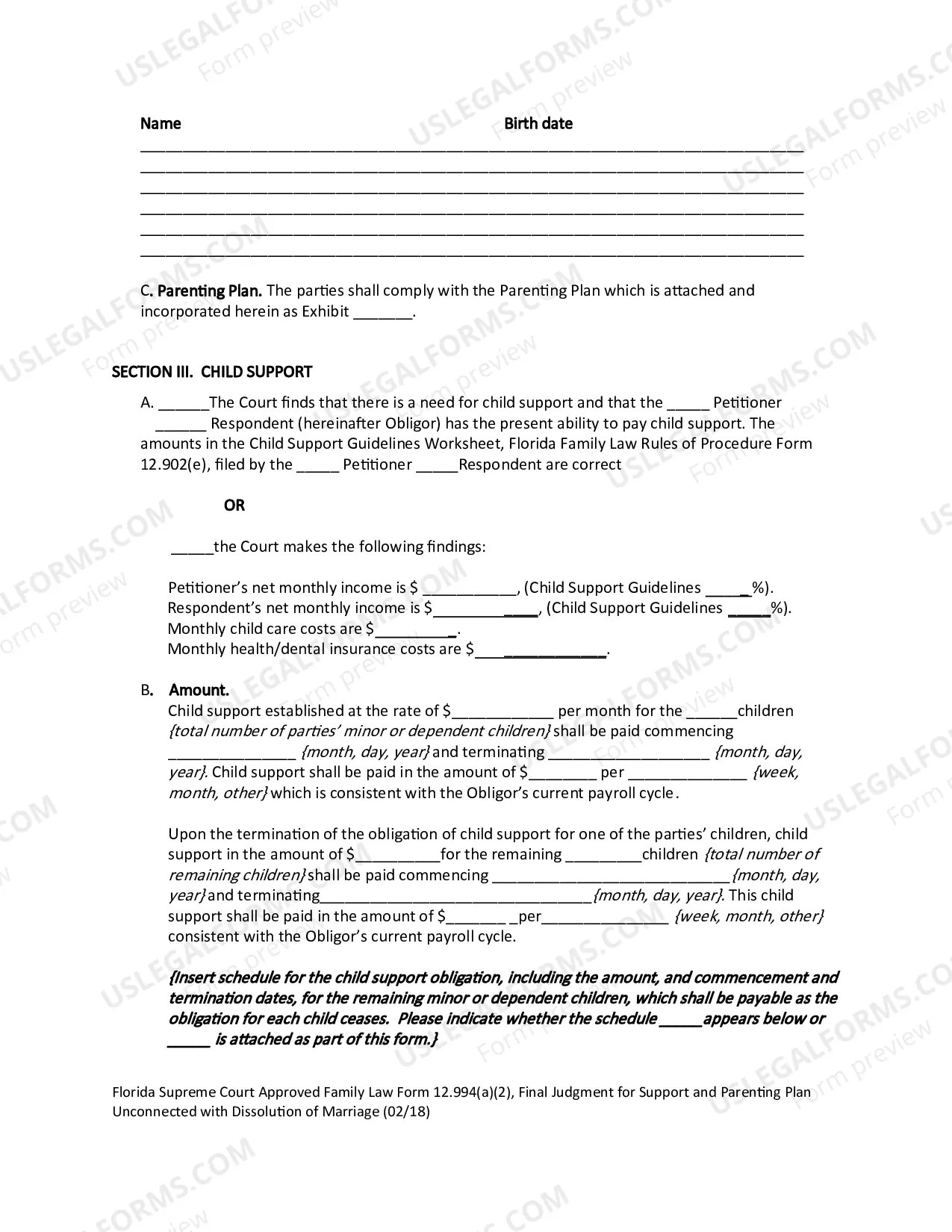 Preview Final Judgment for Support and Parenting Plan Unconnected with Dissolution of Marriage with Dependent or Minor Child(ren)