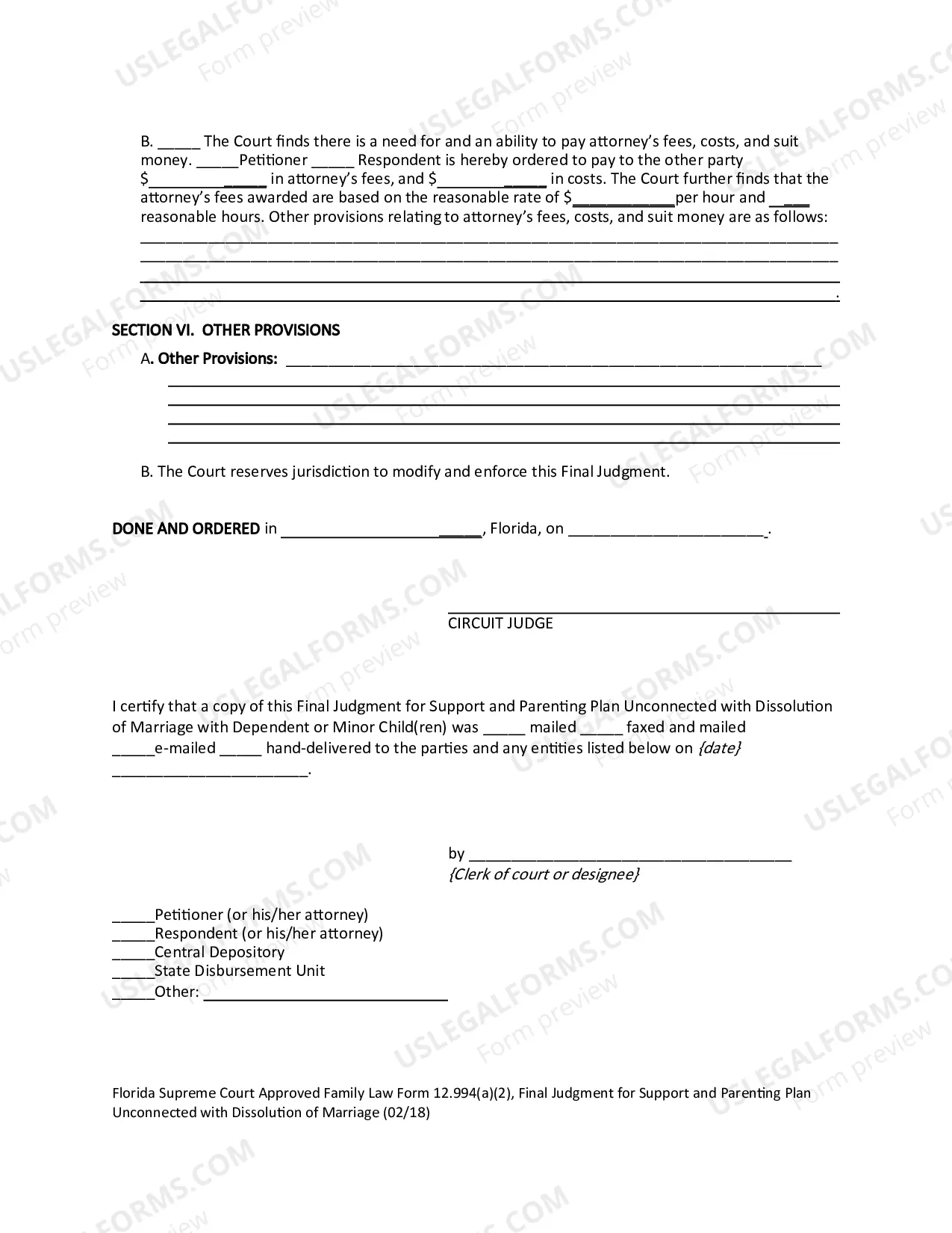Preview Final Judgment for Support and Parenting Plan Unconnected with Dissolution of Marriage with Dependent or Minor Child(ren)