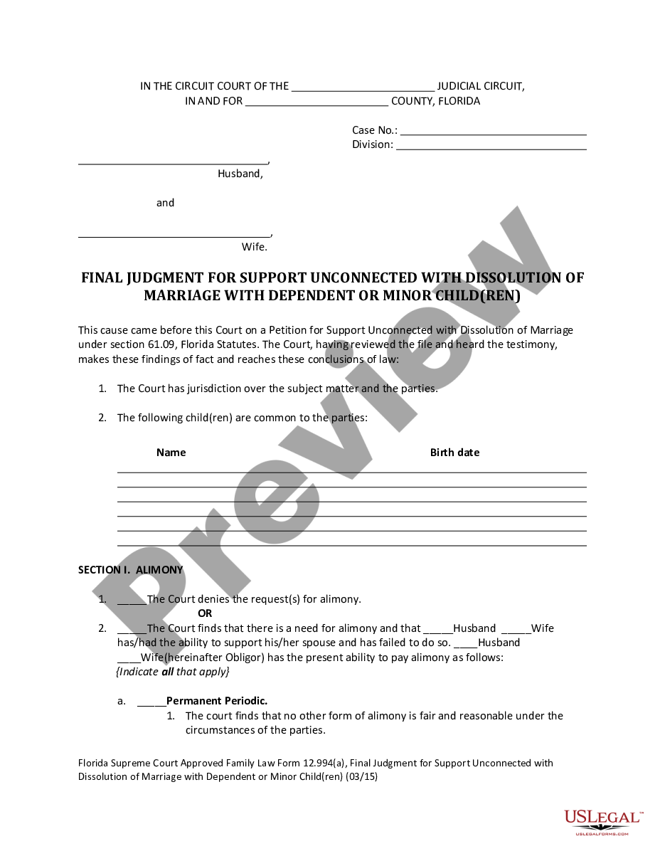 page 0 Final Judgment for Support Unconnected with Dissolution of Marriage with Dependent or Minor Children preview