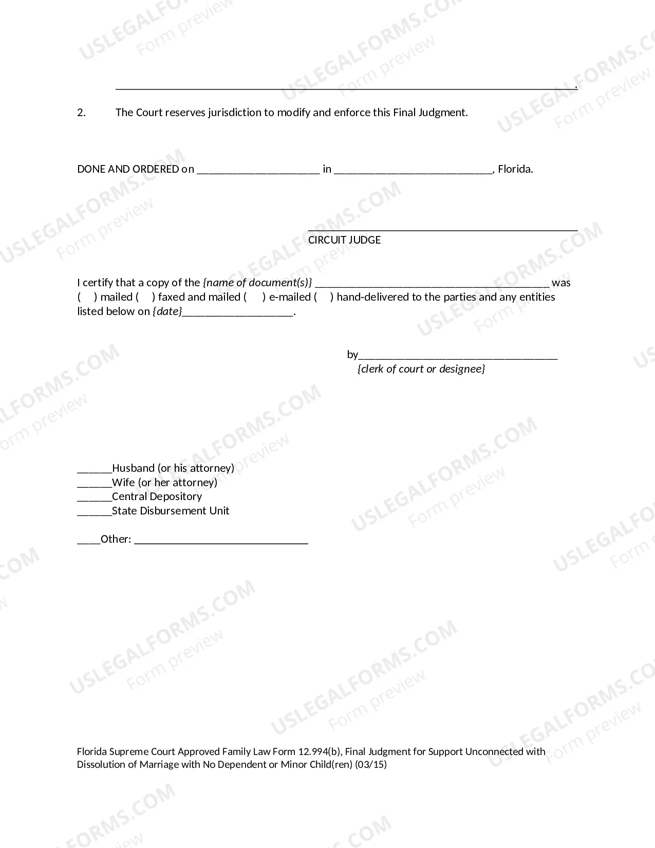 Preview Final Judgment for Support Unconnected with Dissolution of Marriage with No Dependent or Minor Children