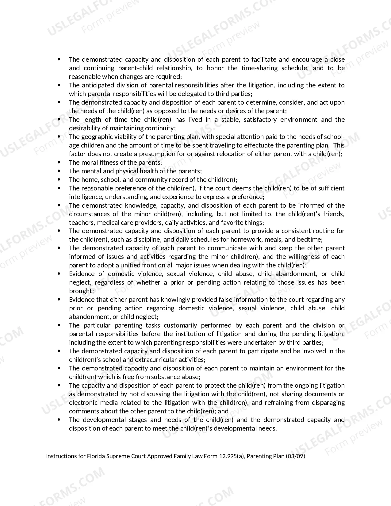 Preview Parenting Plan and Instructions