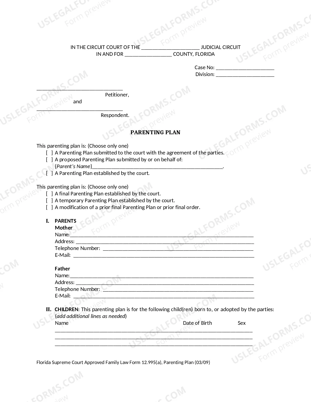 Preview Parenting Plan and Instructions