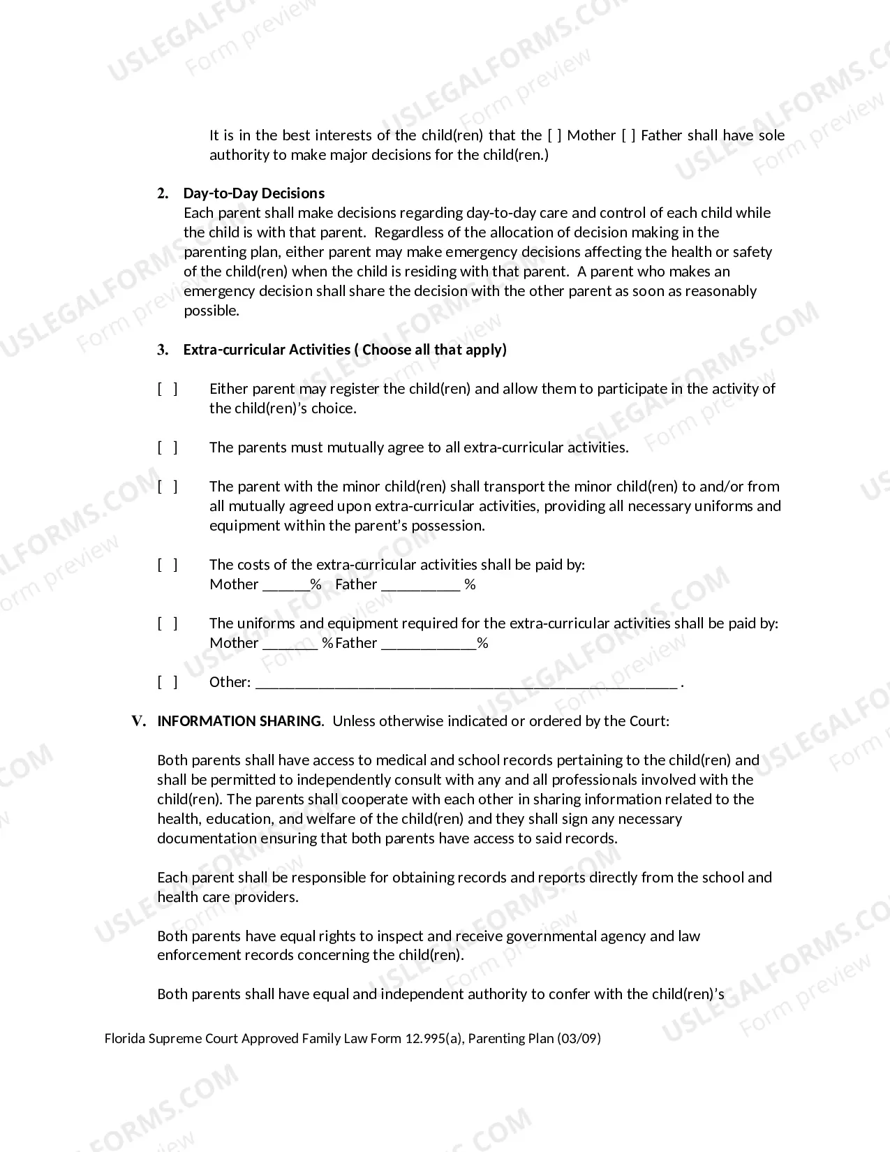 Preview Parenting Plan and Instructions