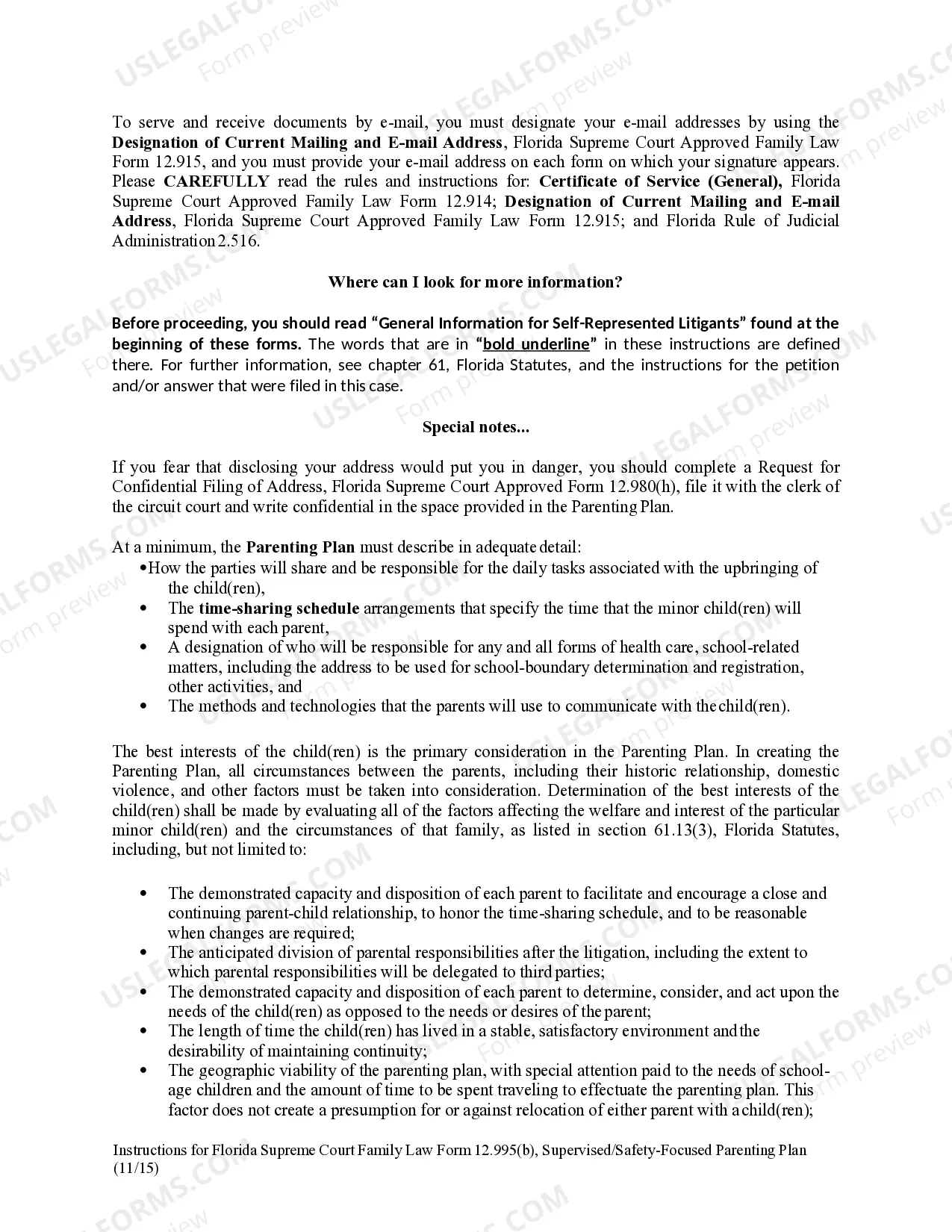 Preview Supervised/Safety-Focused Parenting Plan and Instructions