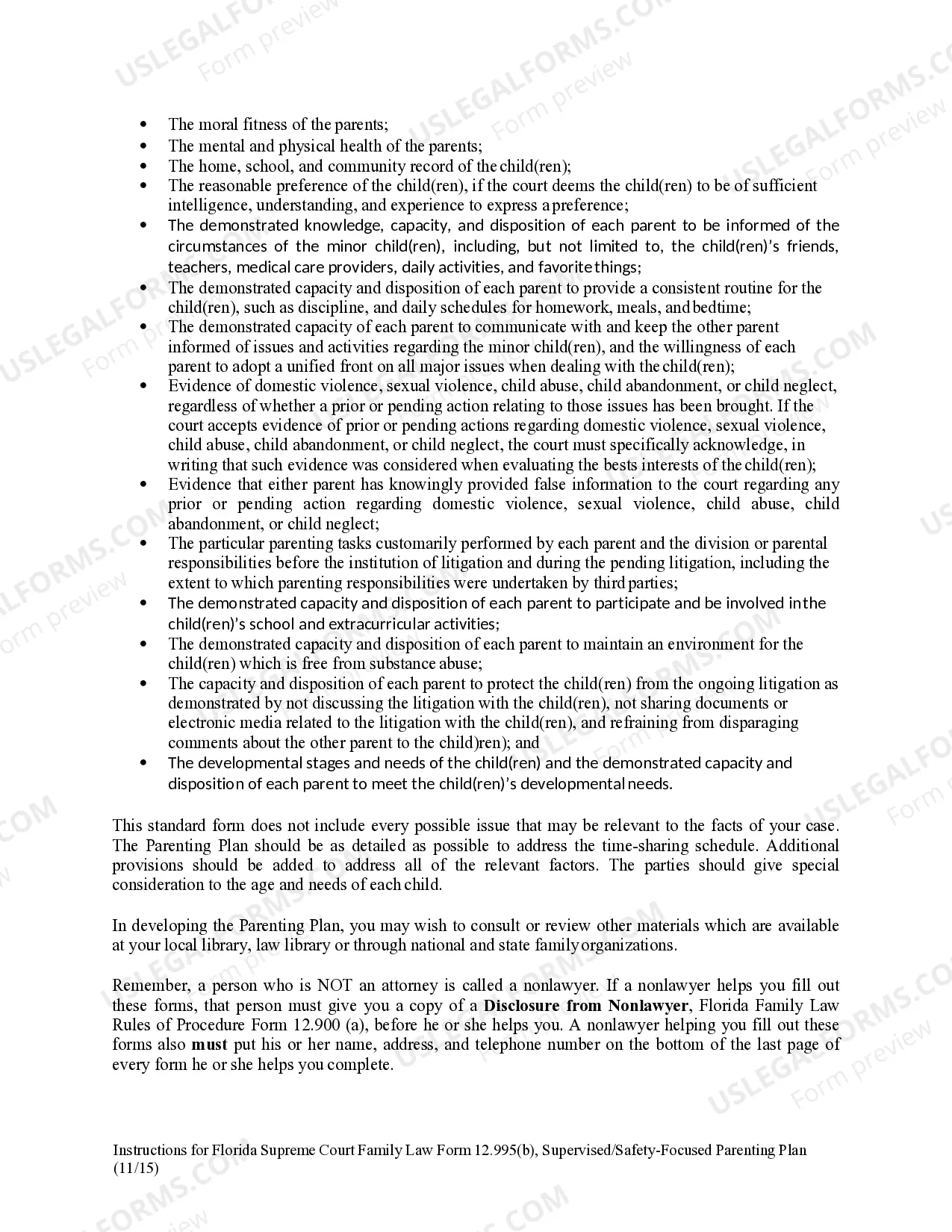Preview Supervised/Safety-Focused Parenting Plan and Instructions