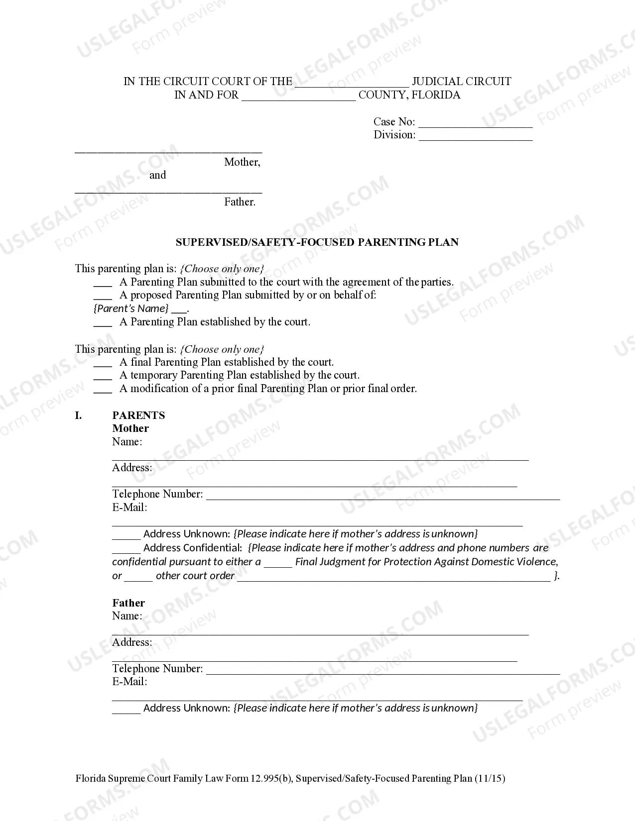 Preview Supervised/Safety-Focused Parenting Plan and Instructions
