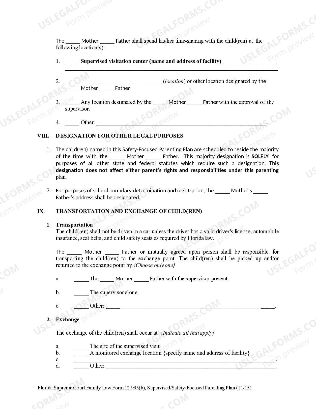 Preview Supervised/Safety-Focused Parenting Plan and Instructions