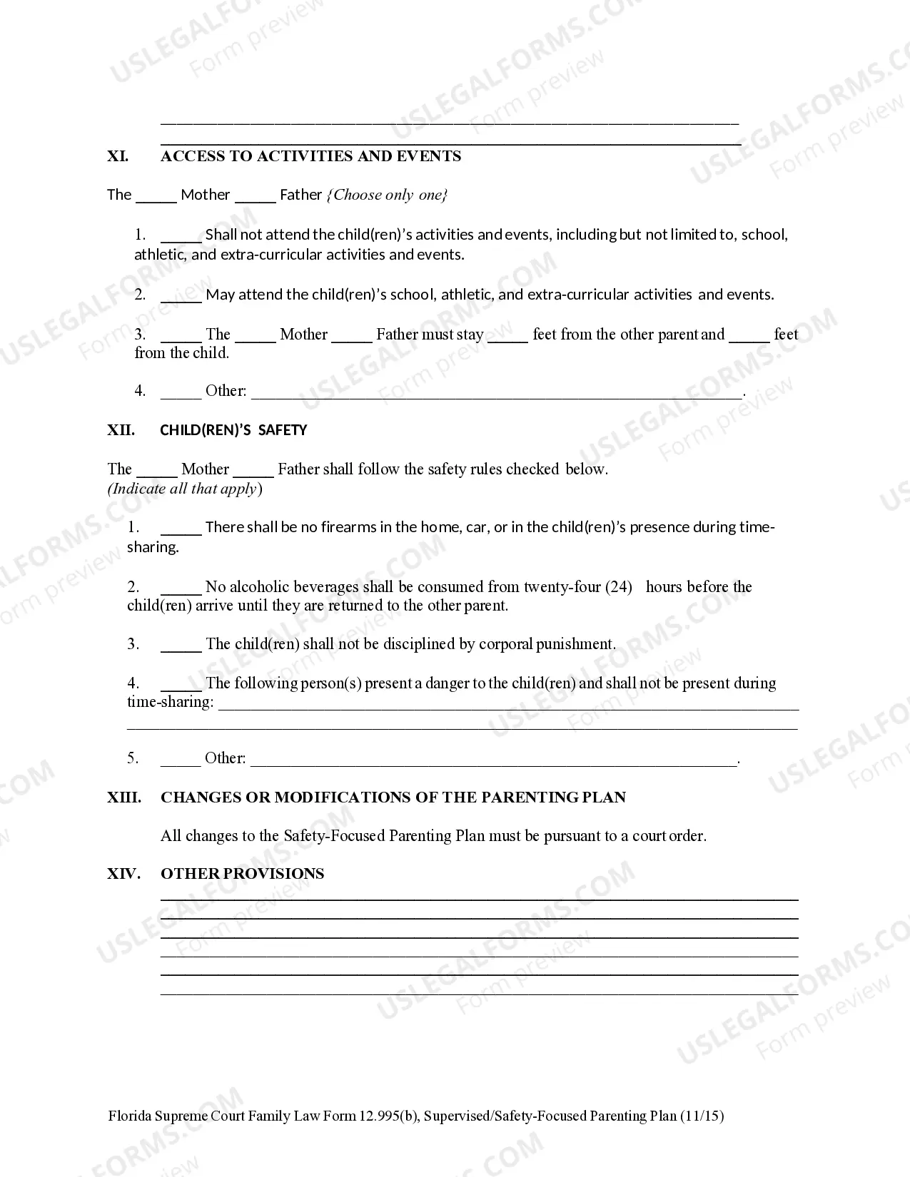 Preview Supervised/Safety-Focused Parenting Plan and Instructions