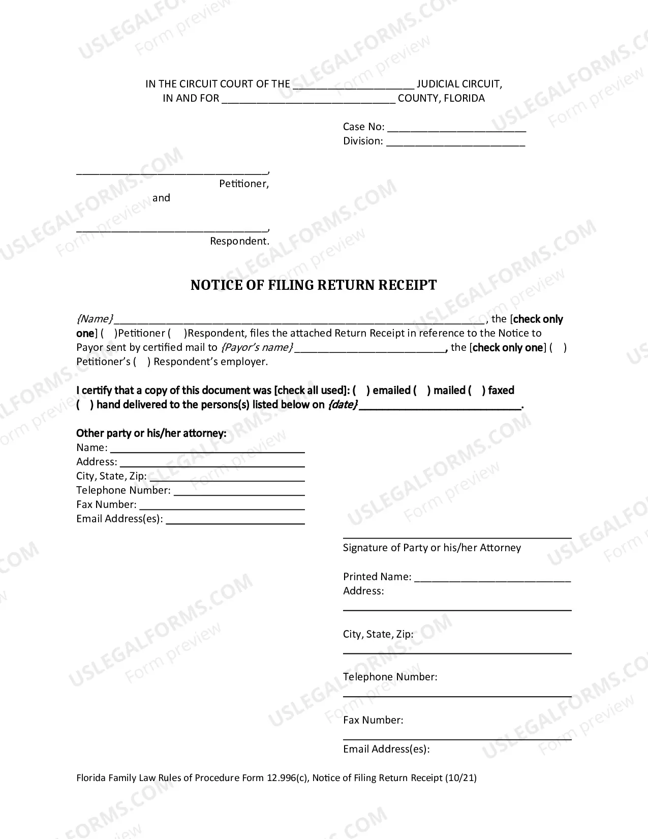 Preview Notice of Filing Return Receipt