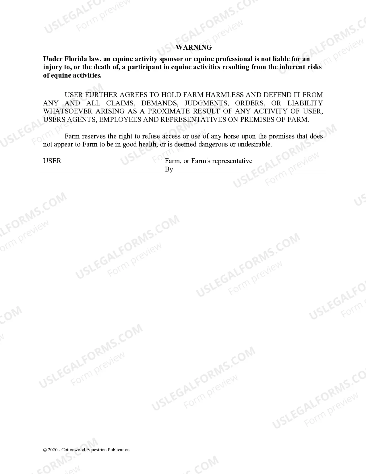 Preview Facility Release Agreement - Show Or Clinic - Horse Equine Forms